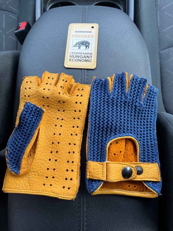 Peccary fingerlose lederhandschuhe gelb blau farbe.Autohandschuhe